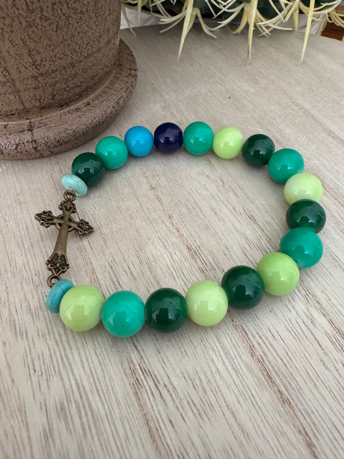 Handmade Green & Blue Cross Bracelet