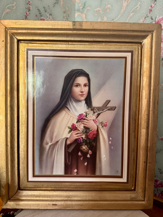 Framed Vintage Print of St. Thérèse of Lisieux | Gold-Colored Frame – "The Little Flower"