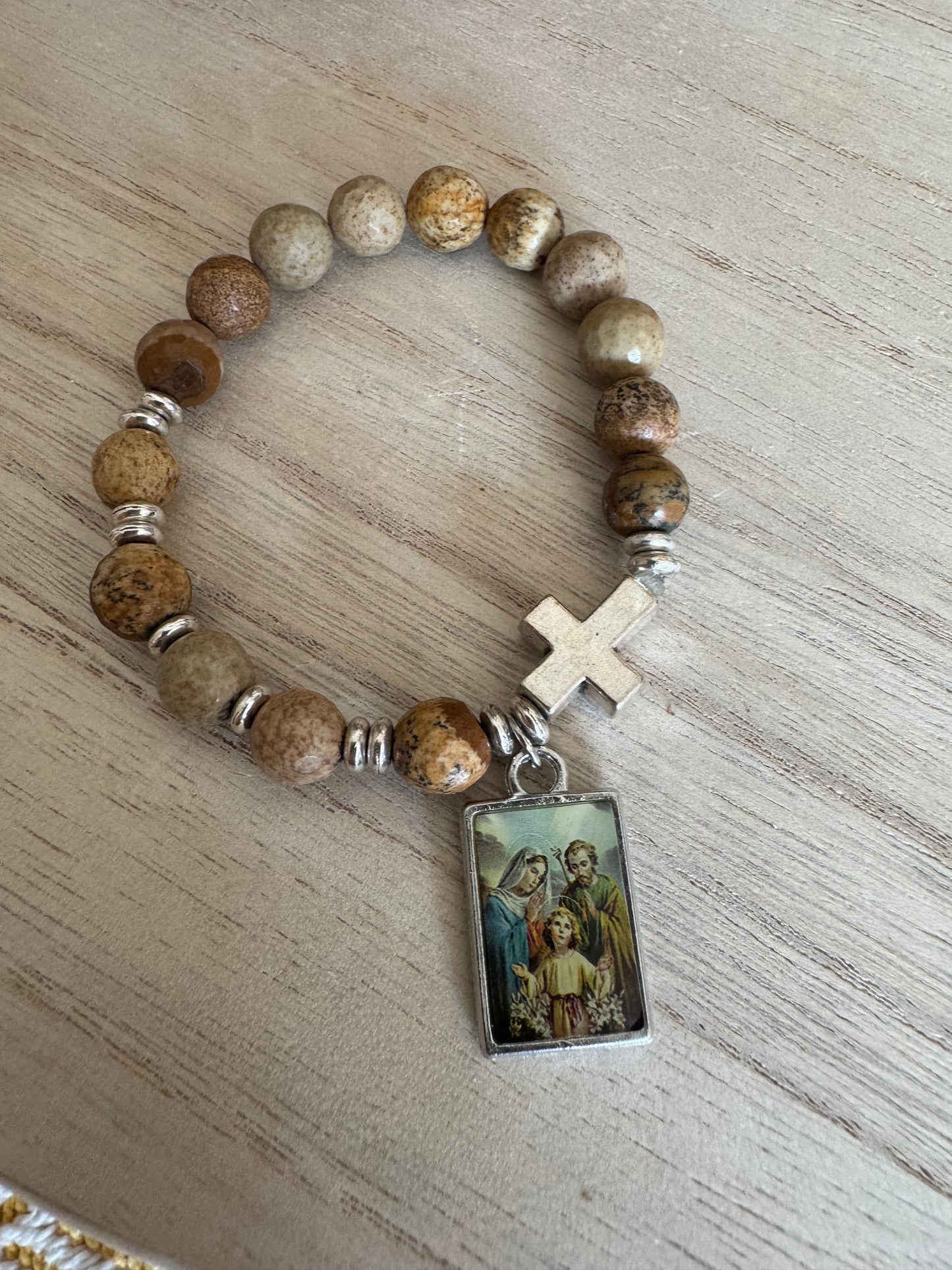 Natural Stone-Look Bead Bracelet with Holy Family Charm