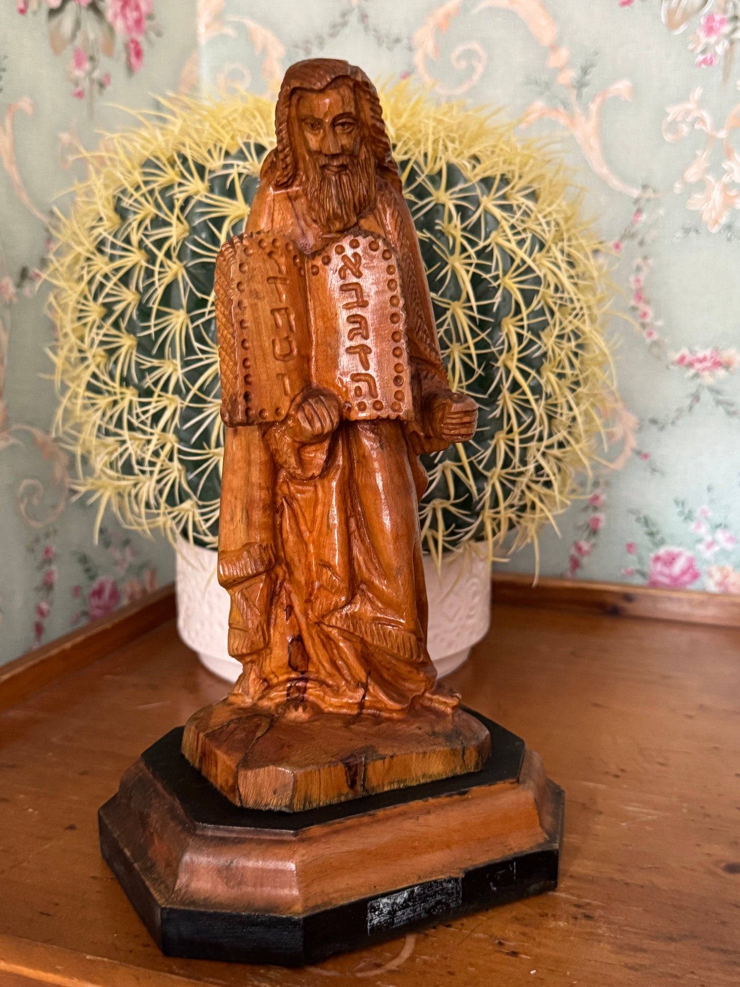Hand-Carved Olive Wood Moses Statue Holding the Ten Commandments