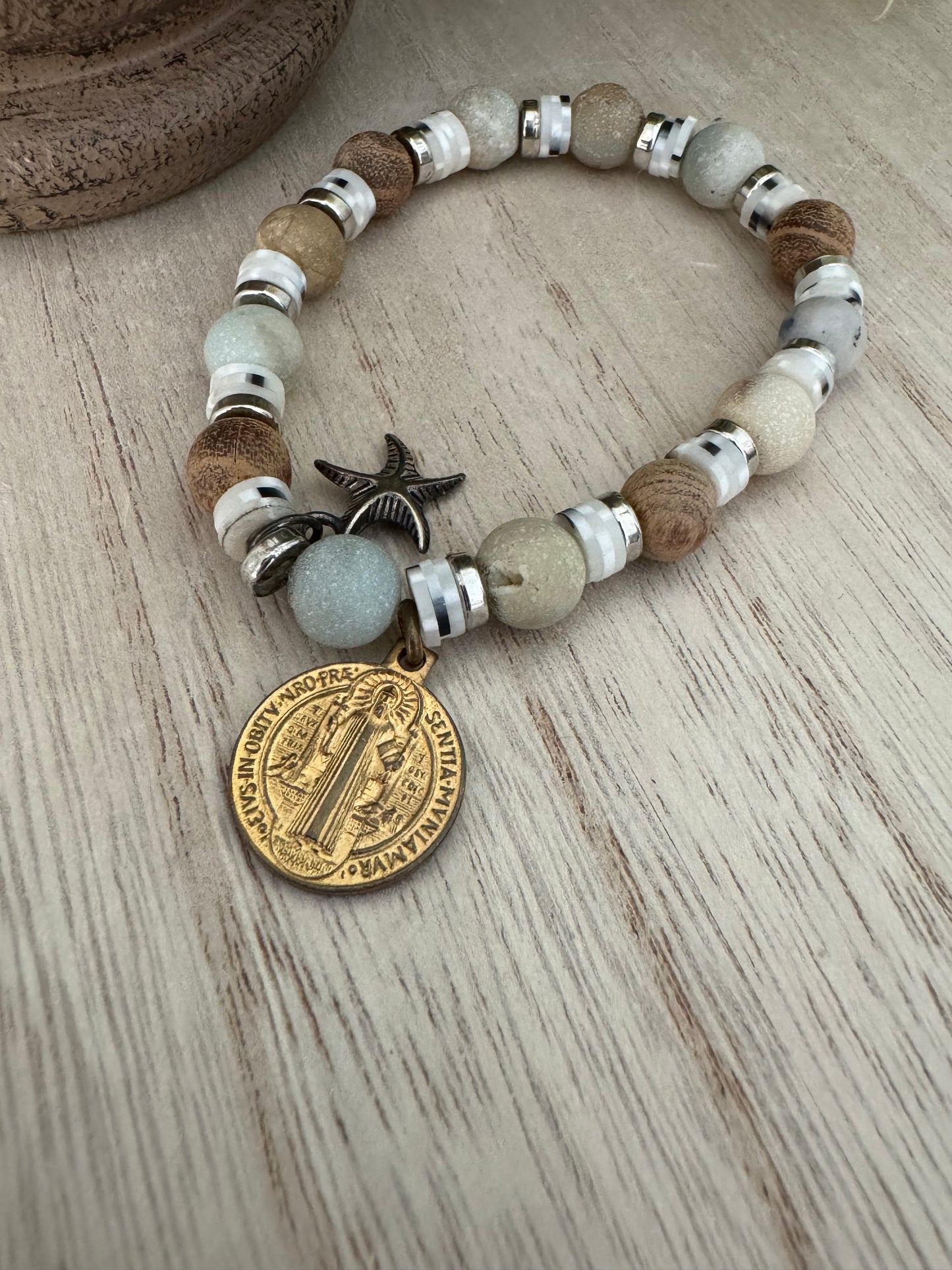 Blue & Green Sea-Themed Stretch Bracelet with Starfish and St. Benedict Charms – 7 Inches