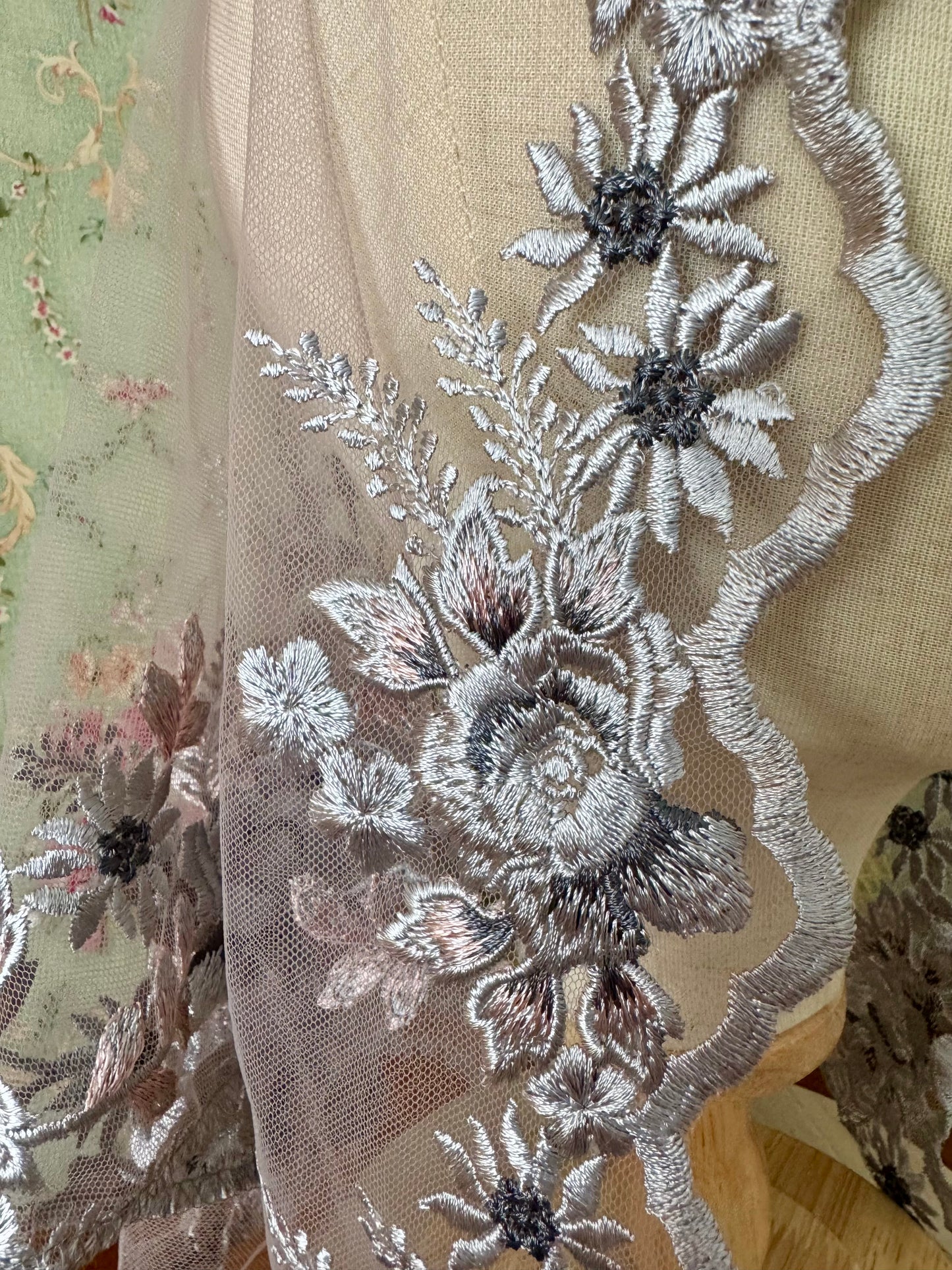 Mary’s Garden Mantilla • Limited Edition • Beautiful Blue & Pink Floral Embroidery • With Clips