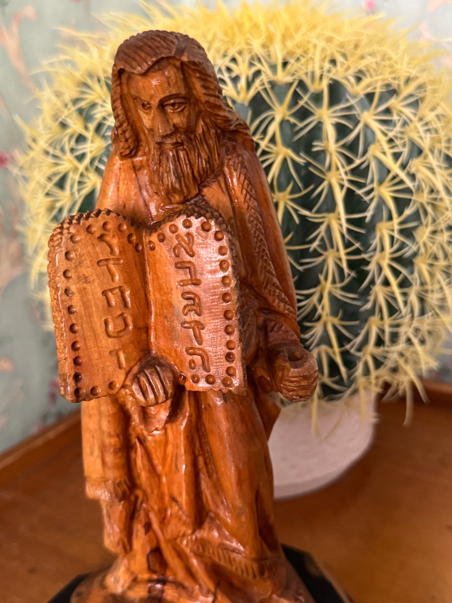 Hand-Carved Olive Wood Moses Statue Holding the Ten Commandments