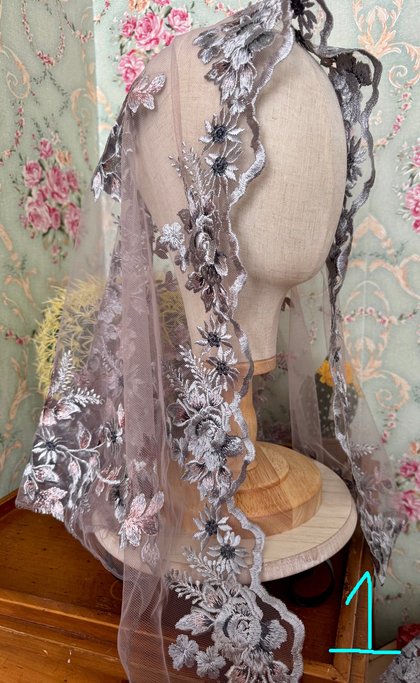 Mary’s Garden Mantilla • Limited Edition • Beautiful Blue & Pink Floral Embroidery • With Clips