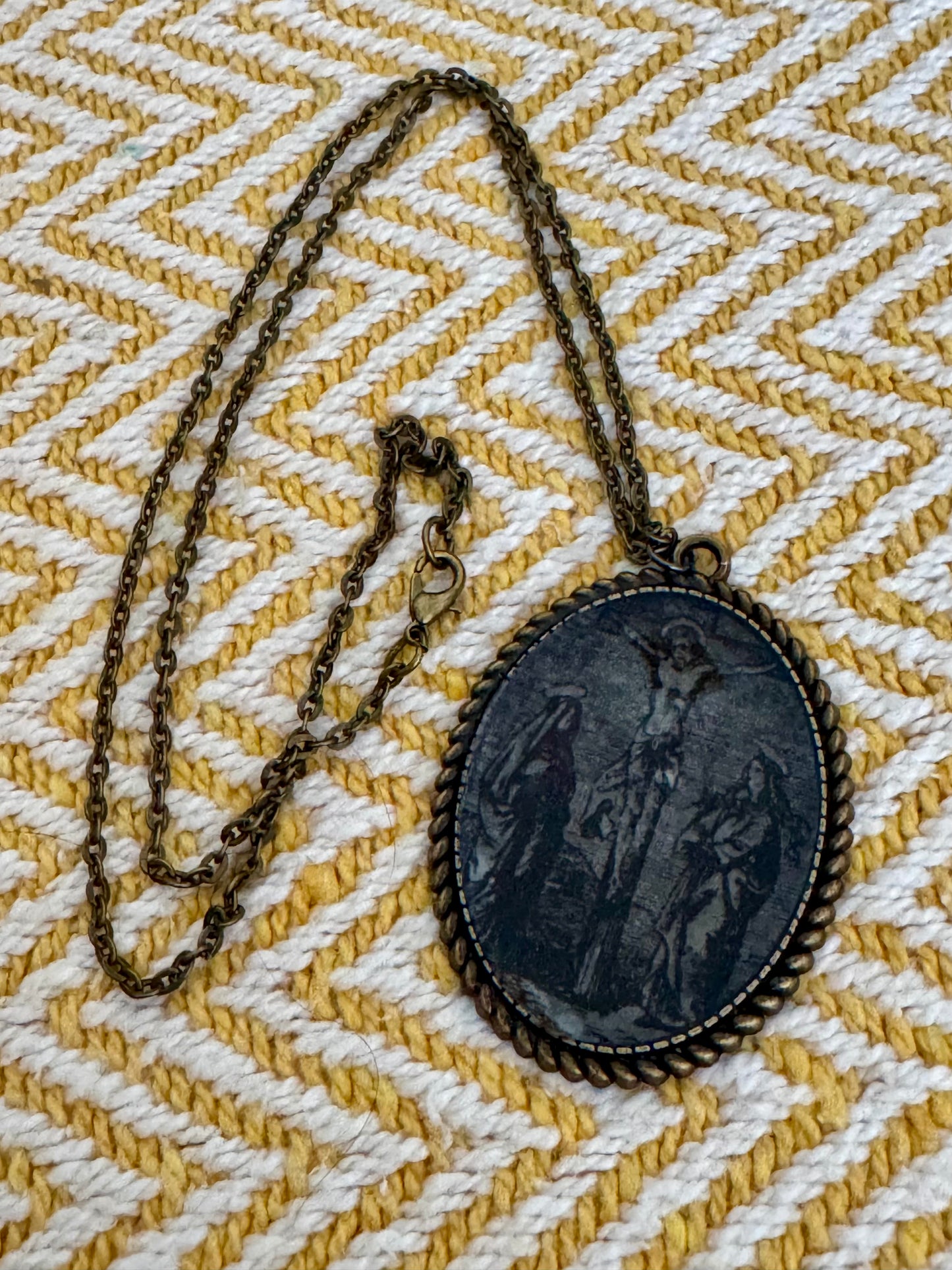 20” Vintage-Style Bronze Catholic Sacred Image Necklace Crucifixion