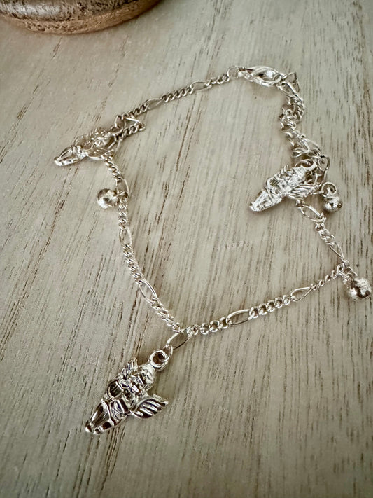 Adjustable Cherub Charm Bracelet – Silver-Colored, Three Charms – 11 Inches