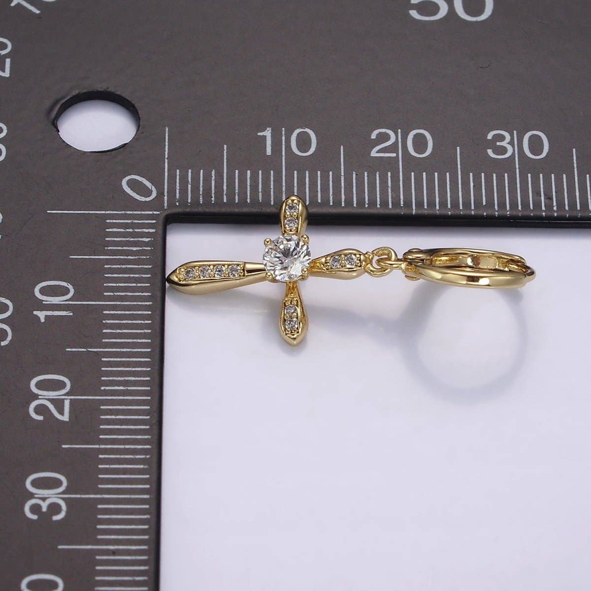 14K Gold-Filled CZ Cross Drop Huggie Earrings