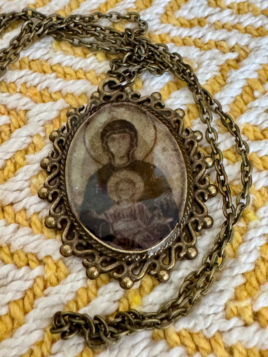 20” Vintage-Style Bronze Catholic Sacred Image Our Lady of Perpetual Help Necklace – Handmade Religious Gift