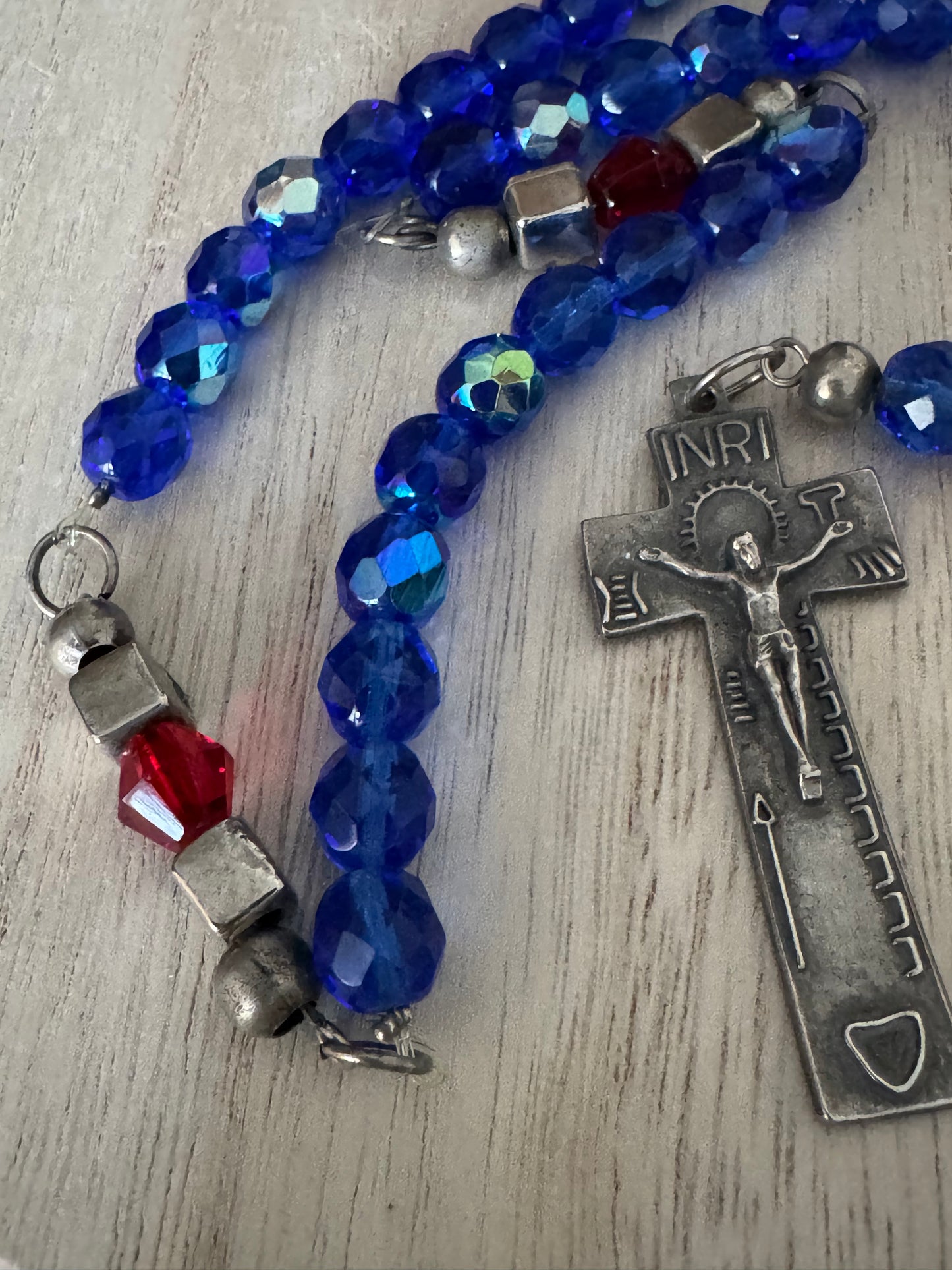 Handmade Metal Core Rosary with Blue Crystal-Like Beads and Vintage Crucifix – AS IS