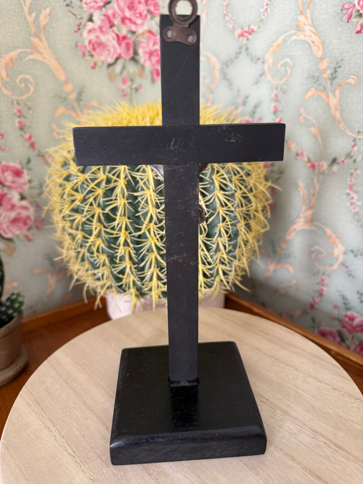 Vintage Black Wooden Memento Mori Crucifix, Freestanding or Wall Hanging, 9.5"