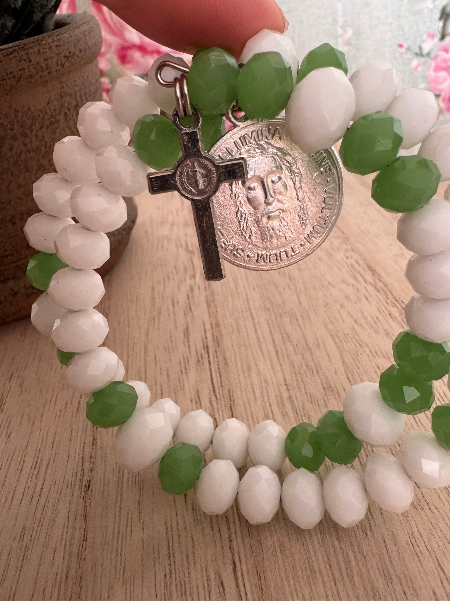 Green & White Bead Bracelet 6 bead – Crucifix & “Nos Illumina Domine Vultum Tuum Super” Charm – Catholic Devotional Jewelry