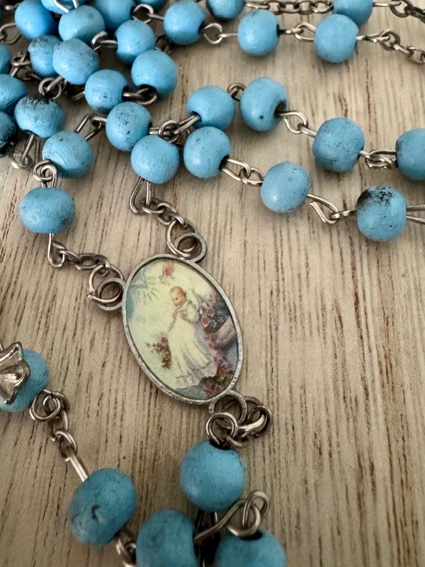 Vintage 1950s Baby Blue Wooden Bead Rosary – Baptism & Holy Spirit Centerpiece – 20 Inches