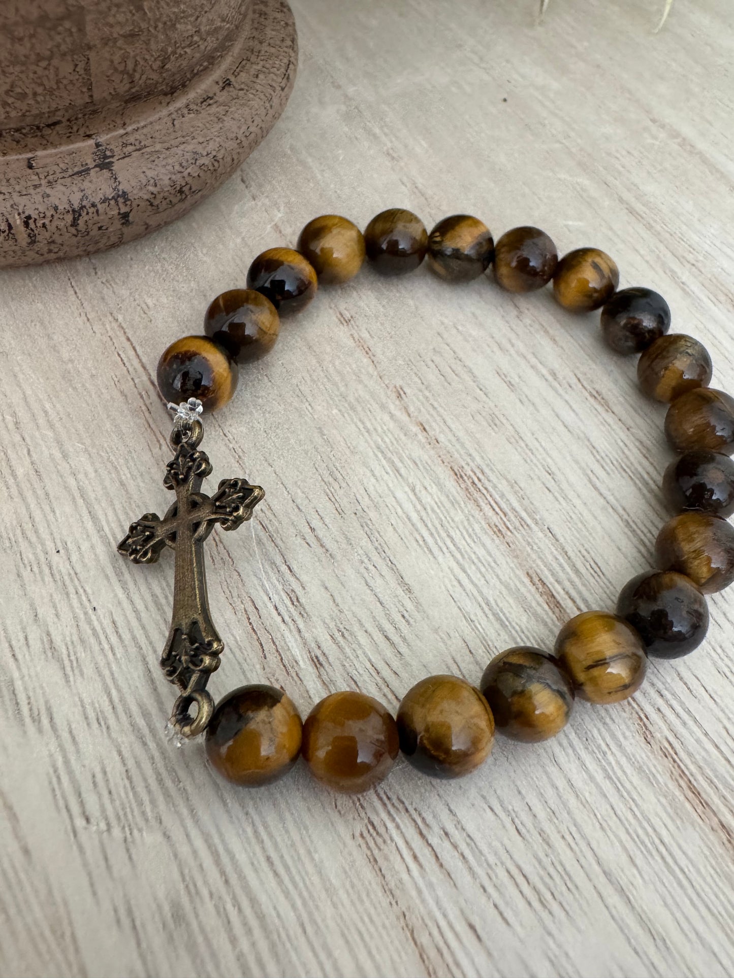 Brown Tiger Eye Beaded Bracelet with Bronze Cross
