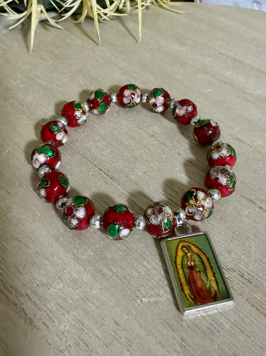 Ornate Red Flower, Our Lady of Guadalupe Stretch Bracelet