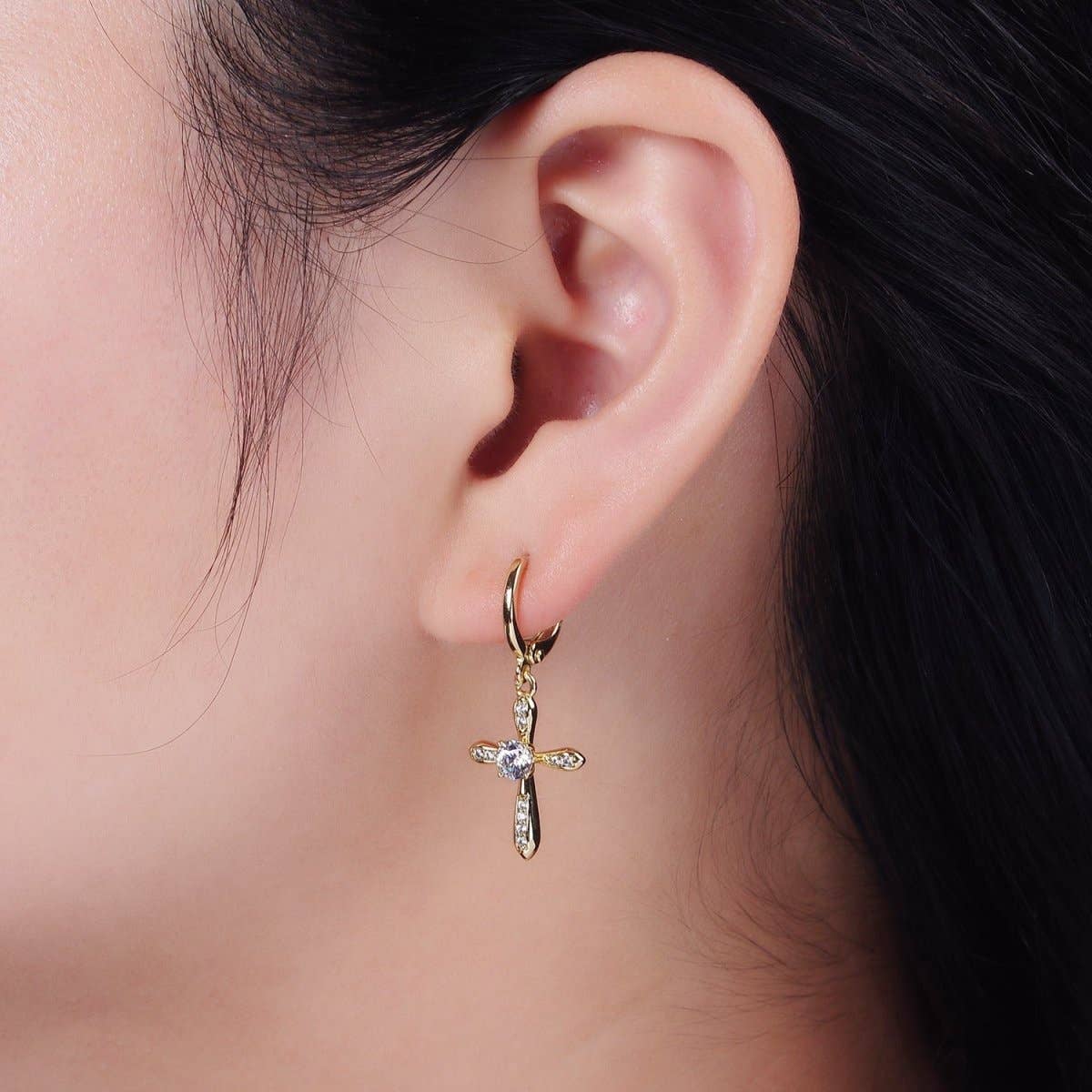 14K Gold-Filled CZ Cross Drop Huggie Earrings