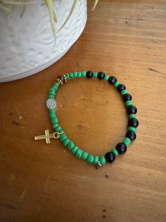 Handmade Black Wood Rosary Bracelet with Green Spacers & St. Benedict Medal