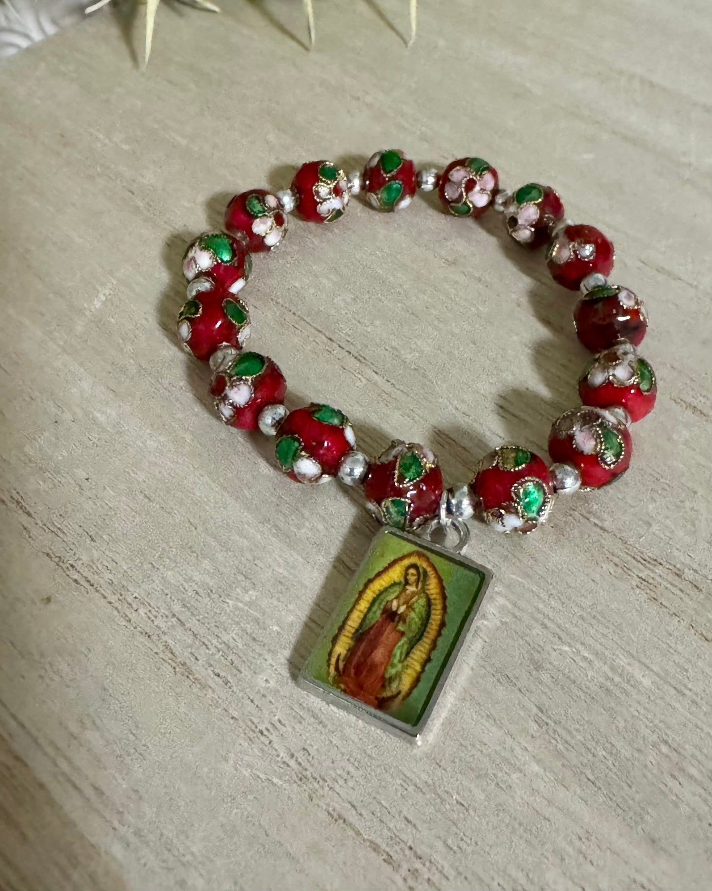 Ornate Red Flower, Our Lady of Guadalupe Stretch Bracelet