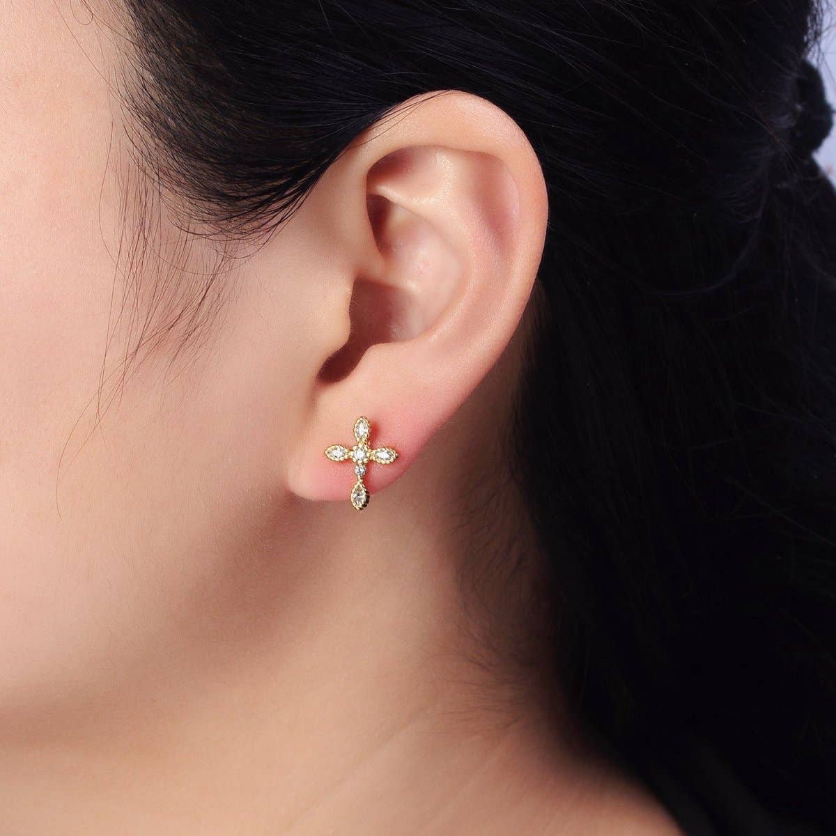Gold Marquise CZ Religious Cross Stud Earrings