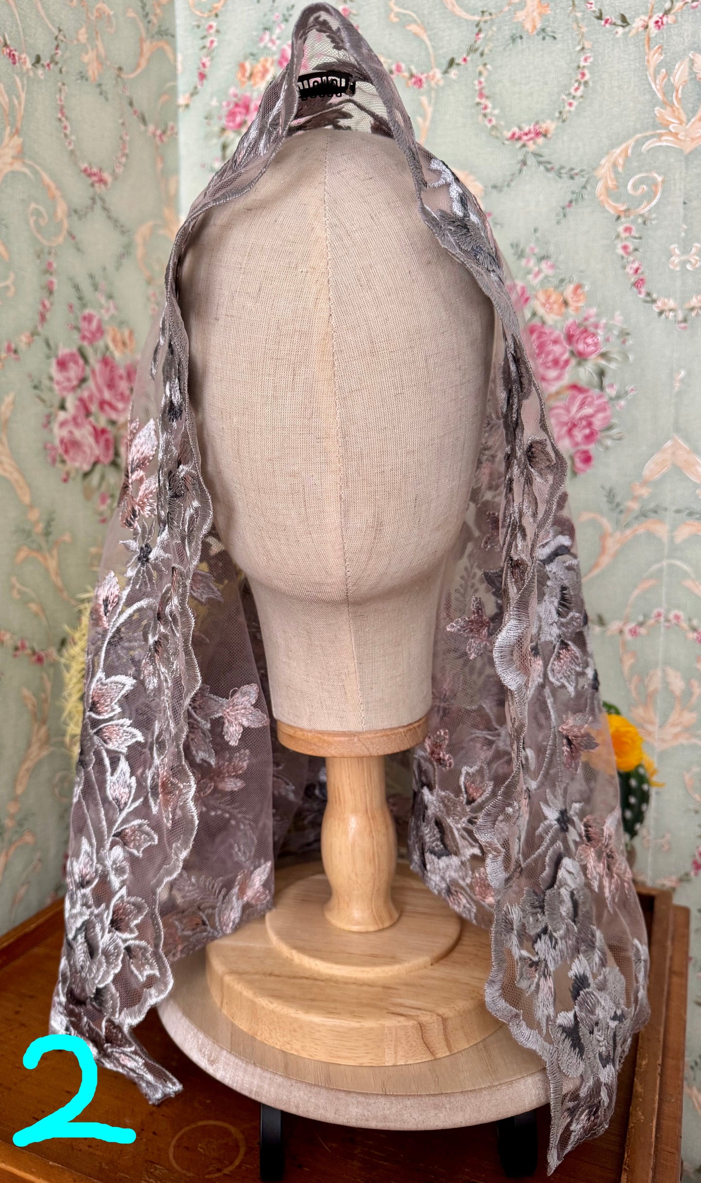 Mary’s Garden Mantilla • Limited Edition • Beautiful Blue & Pink Floral Embroidery • With Clips