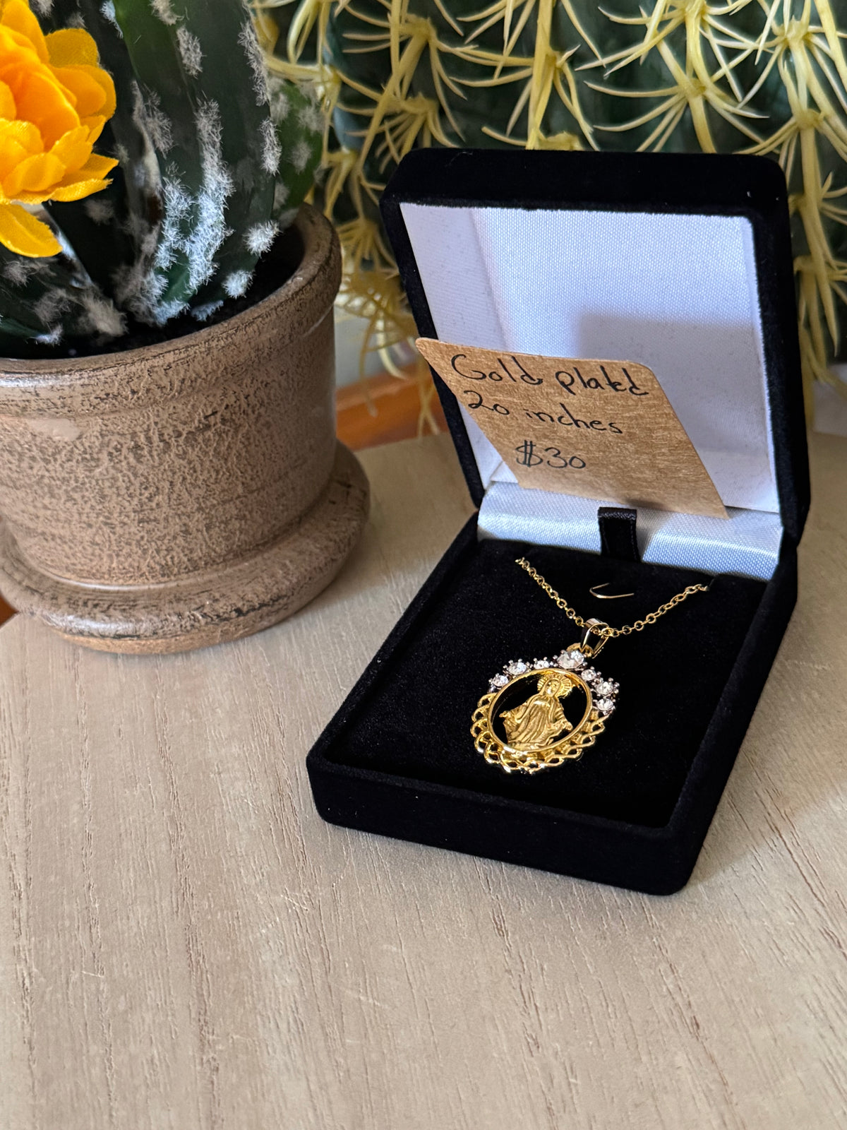 Gold Cutout Miraculous Medal Necklace with Crystals