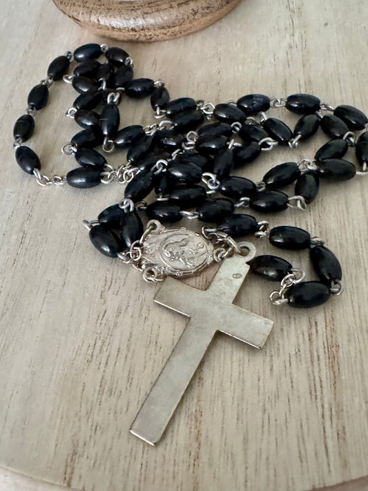 Classic Black Plastic Bead Rosary with Silver Center & Smooth Cross