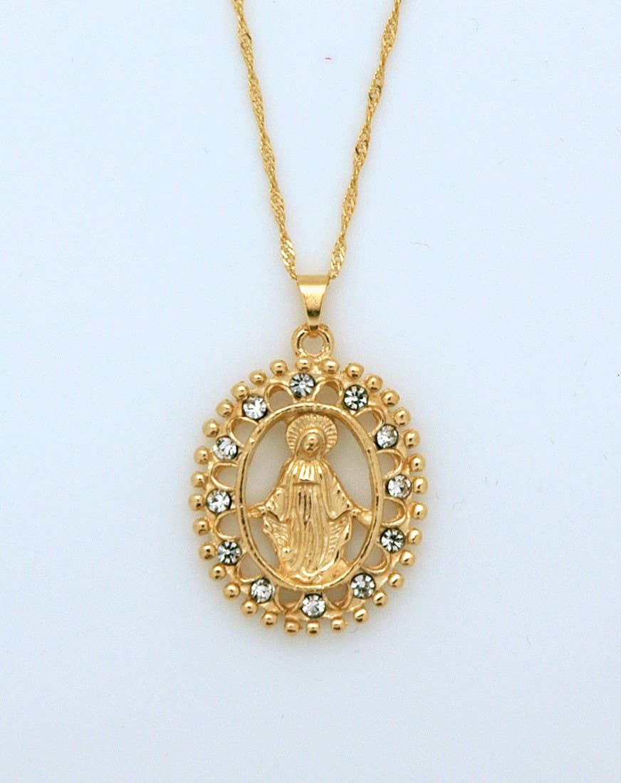 Gold Miraculous Medal Necklace with Crystals