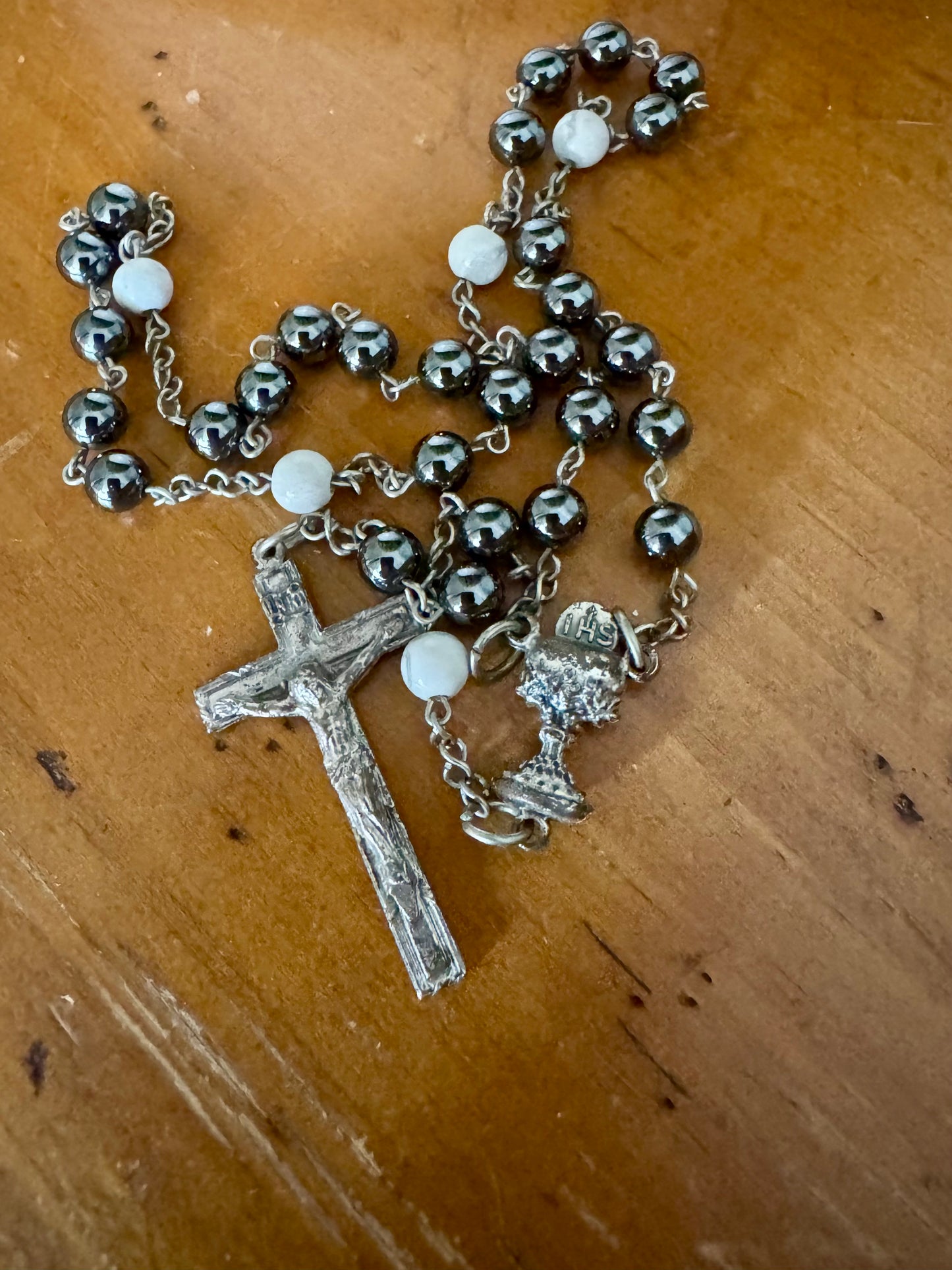Shortened Rosary, Five Hail Mary Beads, with Vintage Centerpiece and Crucifix