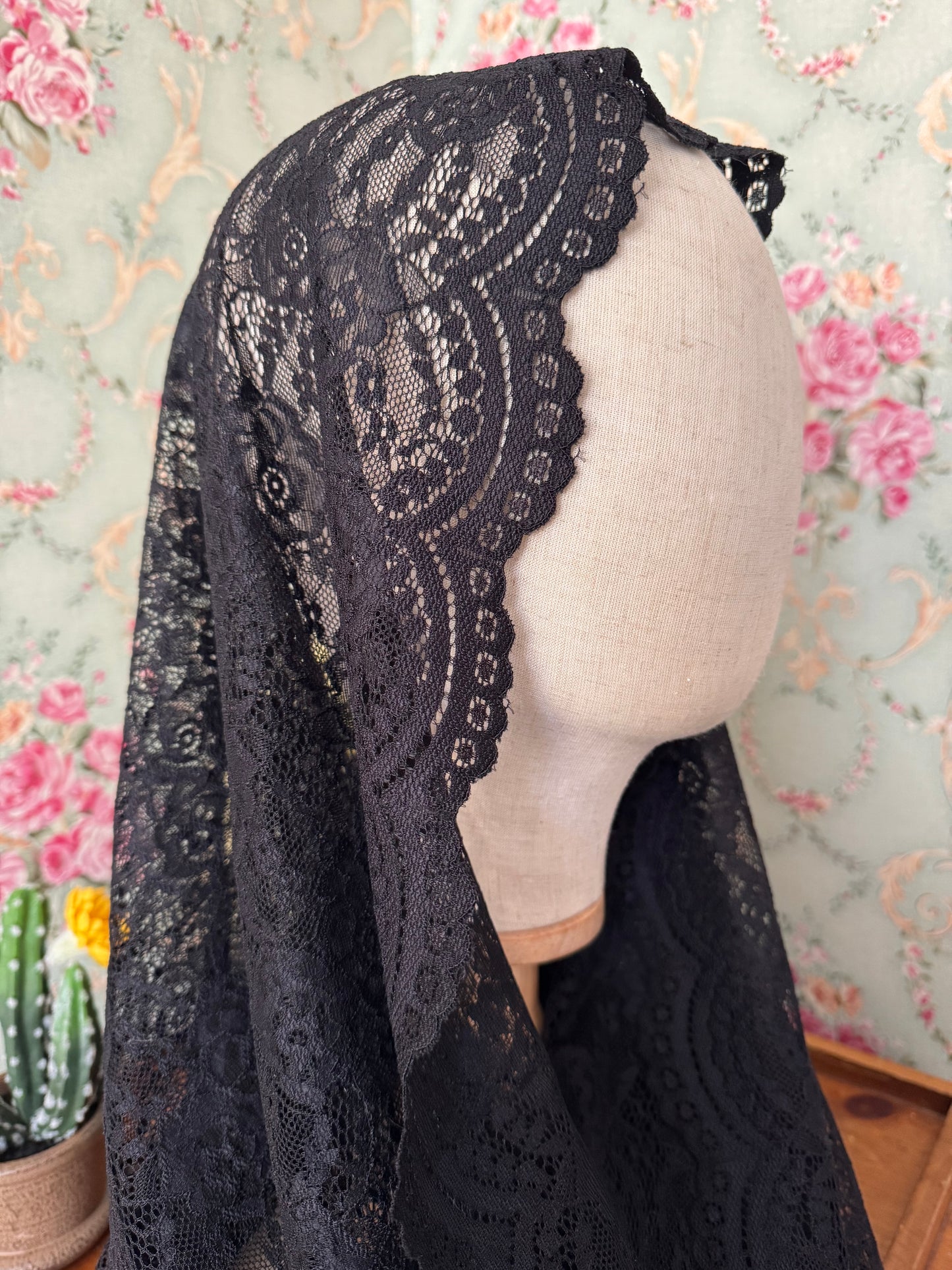 Black Lace Infinity Chapel Veil – 28" x 23" | Handmade | Soft & Lightweight