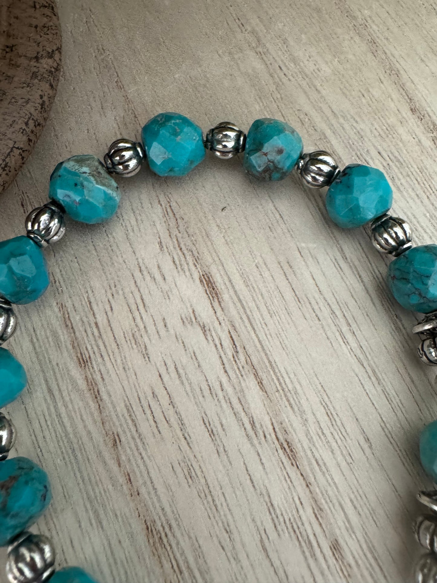 Handmade Rosary Bracelet – Blue & Teal Beads with Silver Cross Charm (8 Inches)