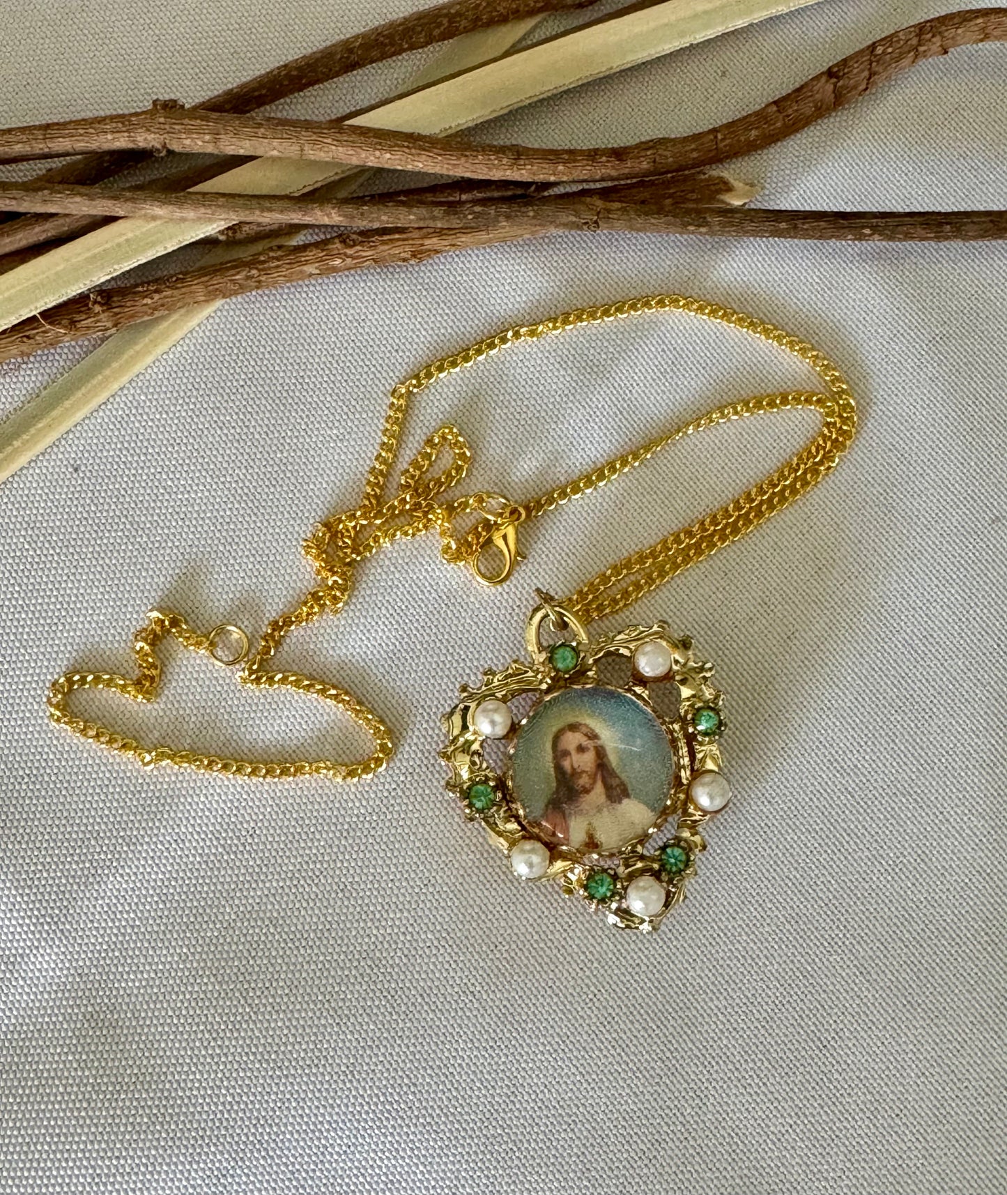 Vintage Blue & Green White Heart shaped Sacred Heart & Immaculate Heart Necklace