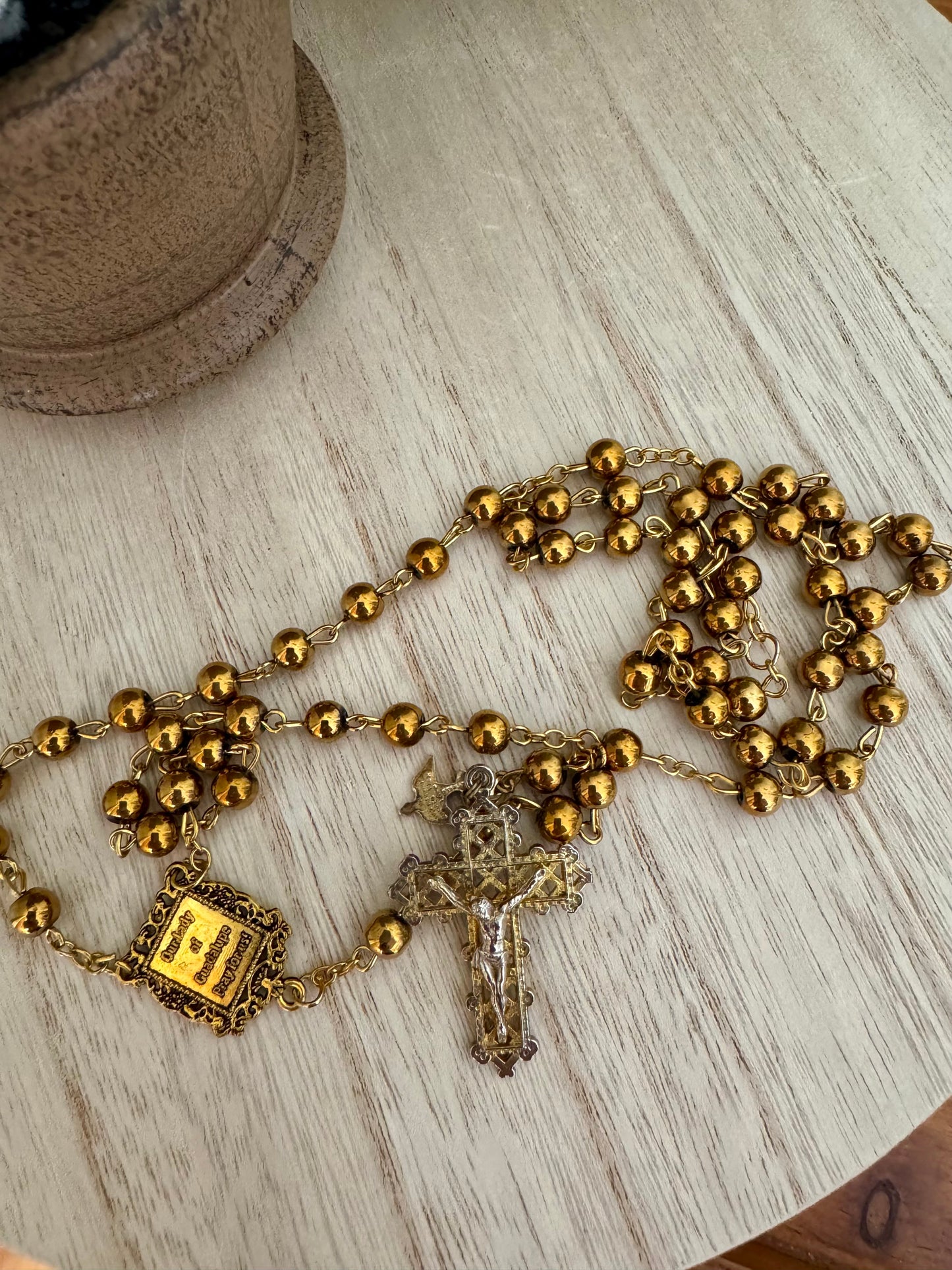 Gold-Colored Rosary – Our Lady of Guadalupe Centerpiece – 20"