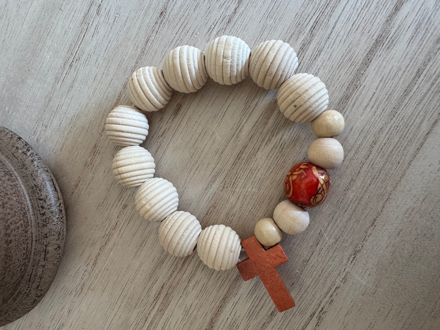 10mm Ribbed Wooden Bead Rosary Bracelet with Red Wooden Cross