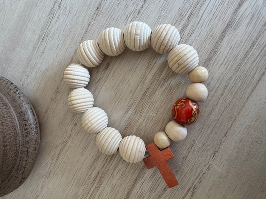 10mm Ribbed Wooden Bead Rosary Bracelet with Red Wooden Cross