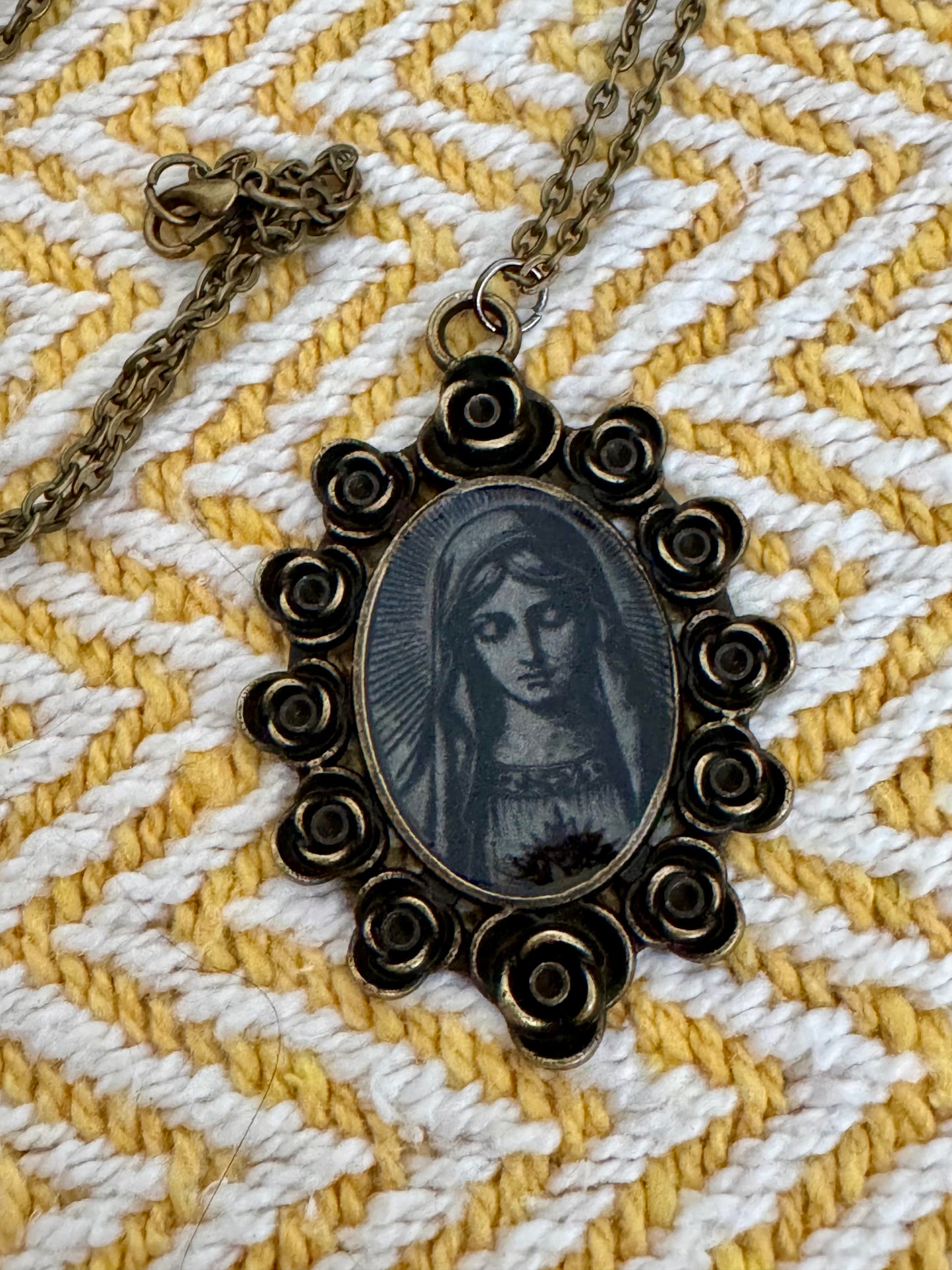 20” Vintage-Style Bronze Catholic Immaculate Heart Image Necklace – Handmade Religious Gift