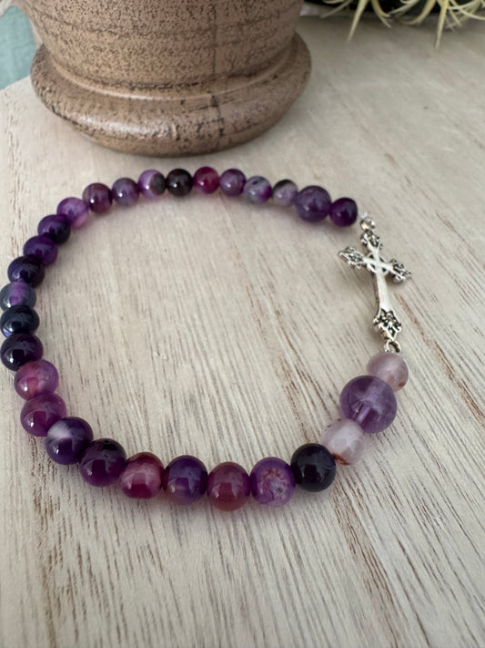 Purple Beaded Stretch Bracelet with Silver Cross – 8 Inches