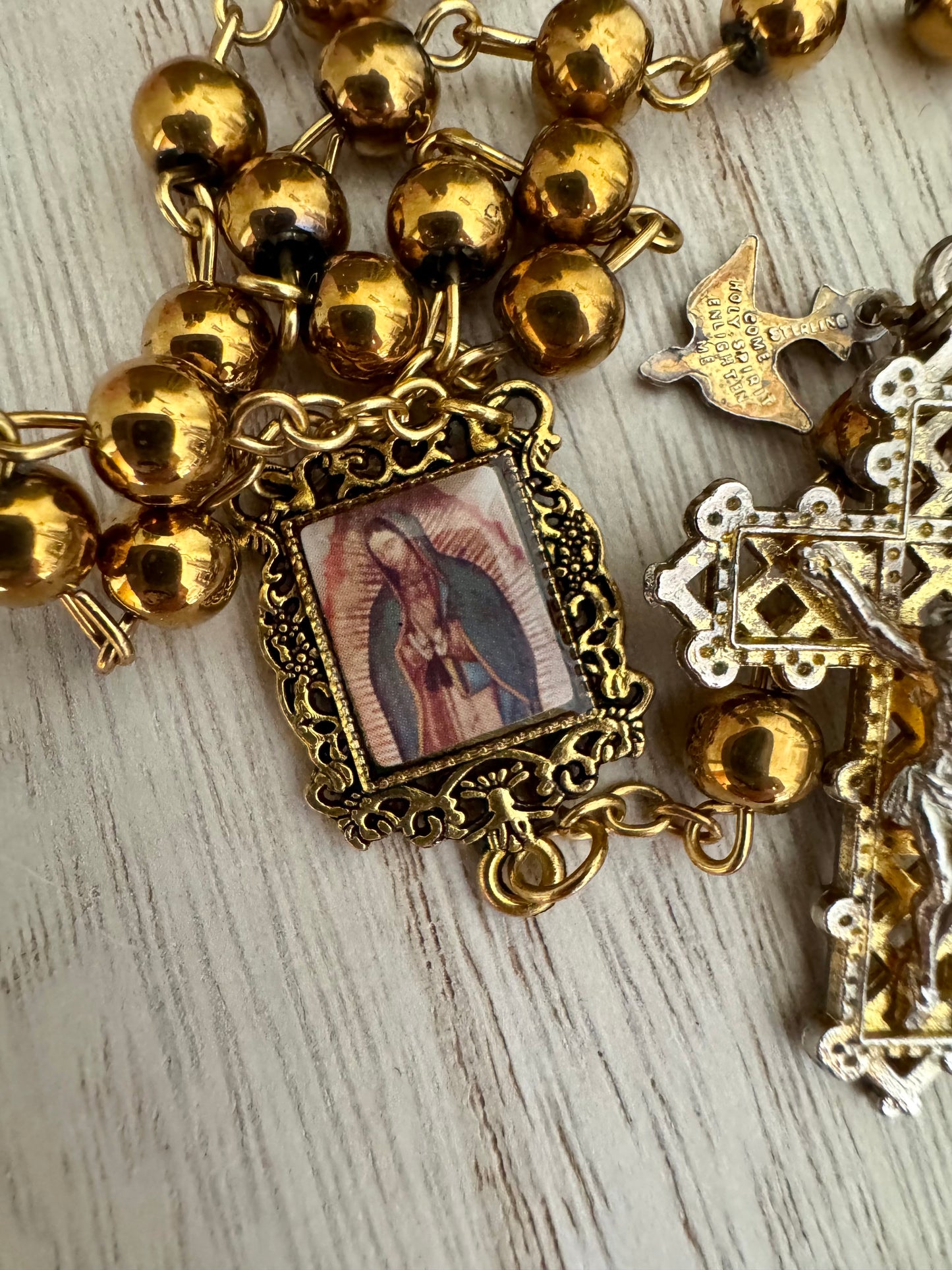 Gold-Colored Rosary – Our Lady of Guadalupe Centerpiece – 20"
