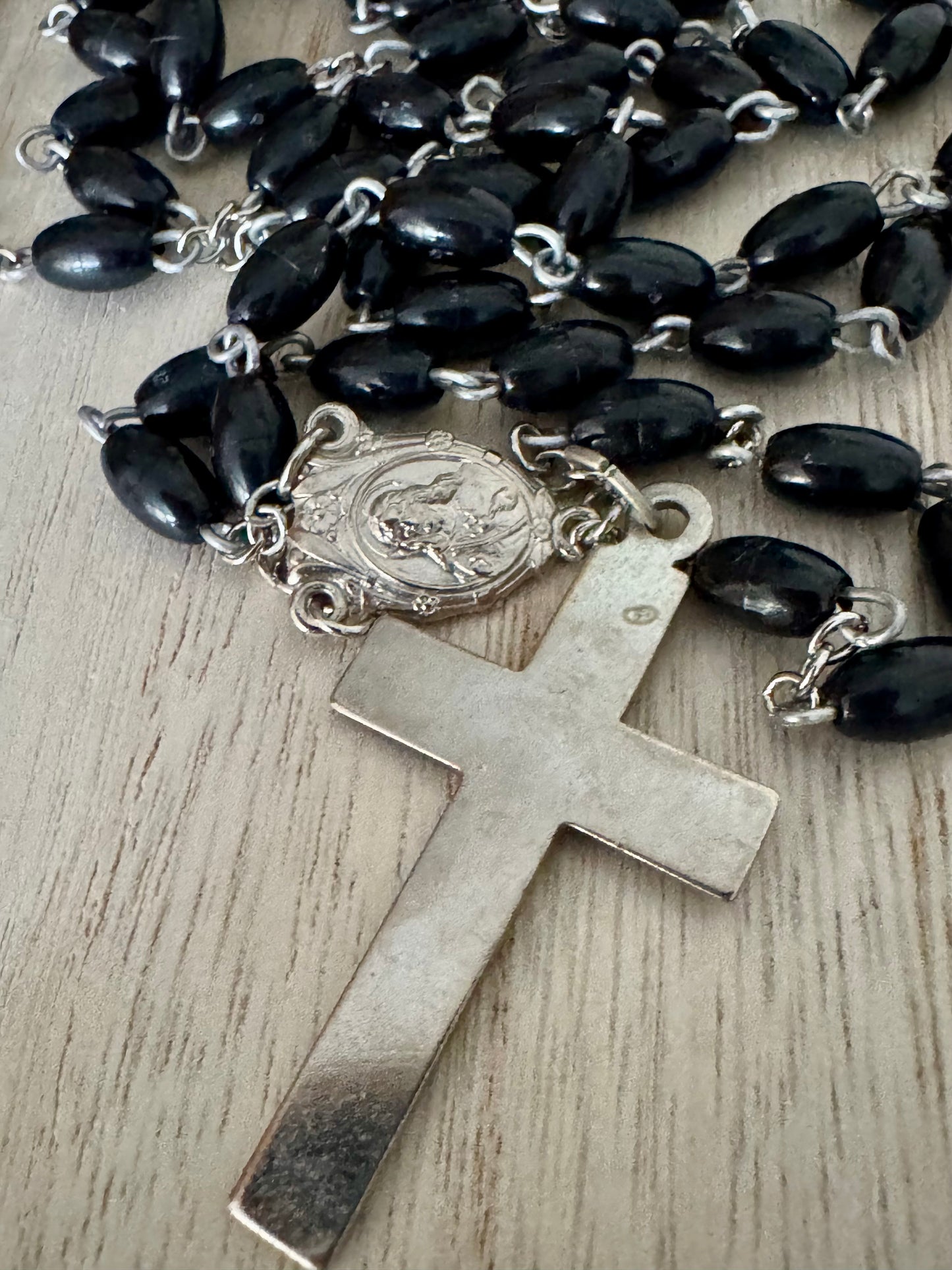 Classic Black Plastic Bead Rosary with Silver Center & Smooth Cross