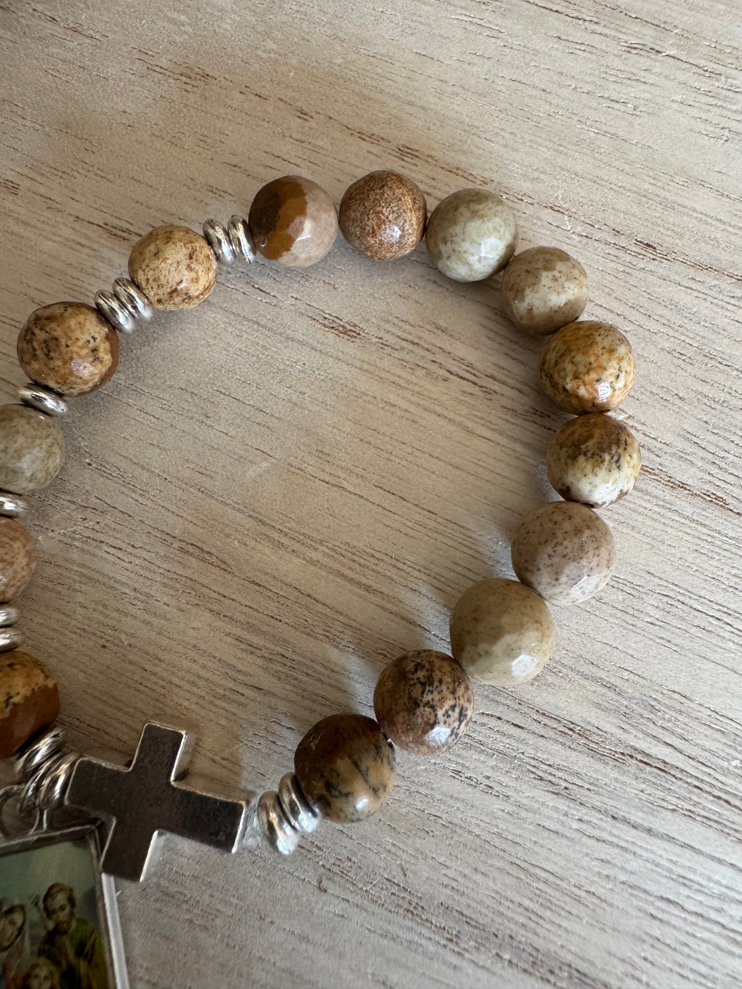 Natural Stone-Look Bead Bracelet with Holy Family Charm