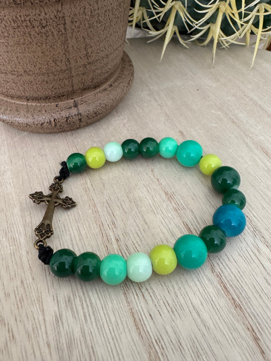 Fun & Funky Green & Blue Beaded Stretch Bracelet with Gold Cross – 7 Inches