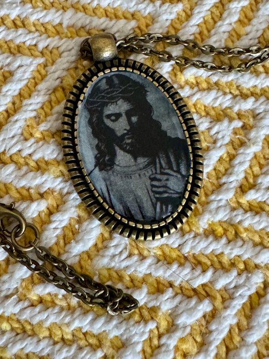 20” Vintage-Style Bronze Catholic Sacred Image Jesus Necklace – Handmade Religious Gift