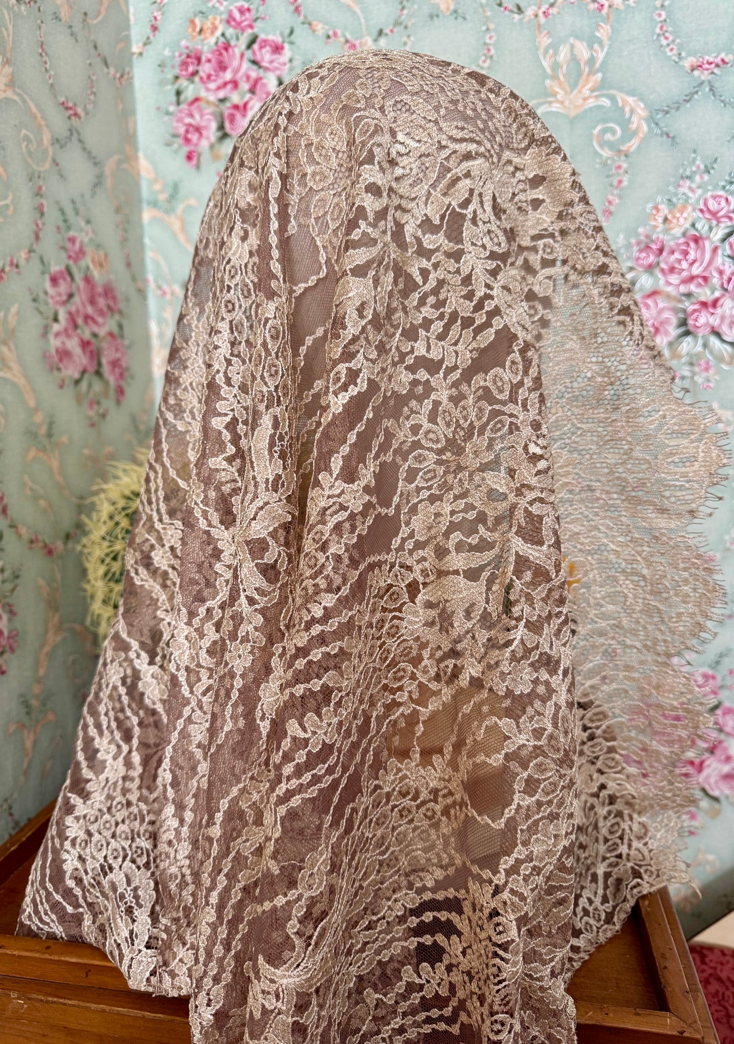 Natural Infinity Veil or Mantilla • Italian Floral Mesh Lace • Lightweight • No Clip