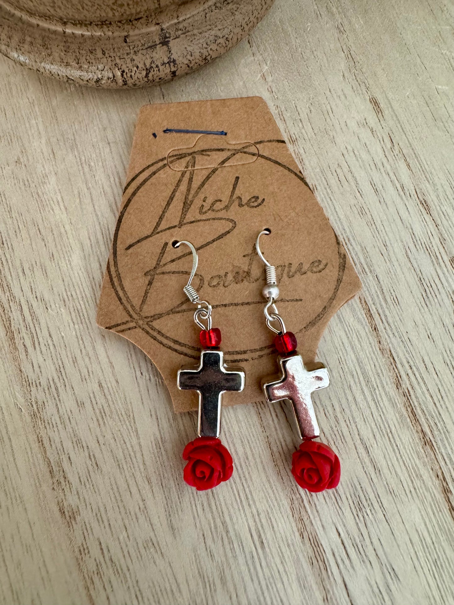 Handmade Silver Cross Dangle Earrings with Colorful Accents