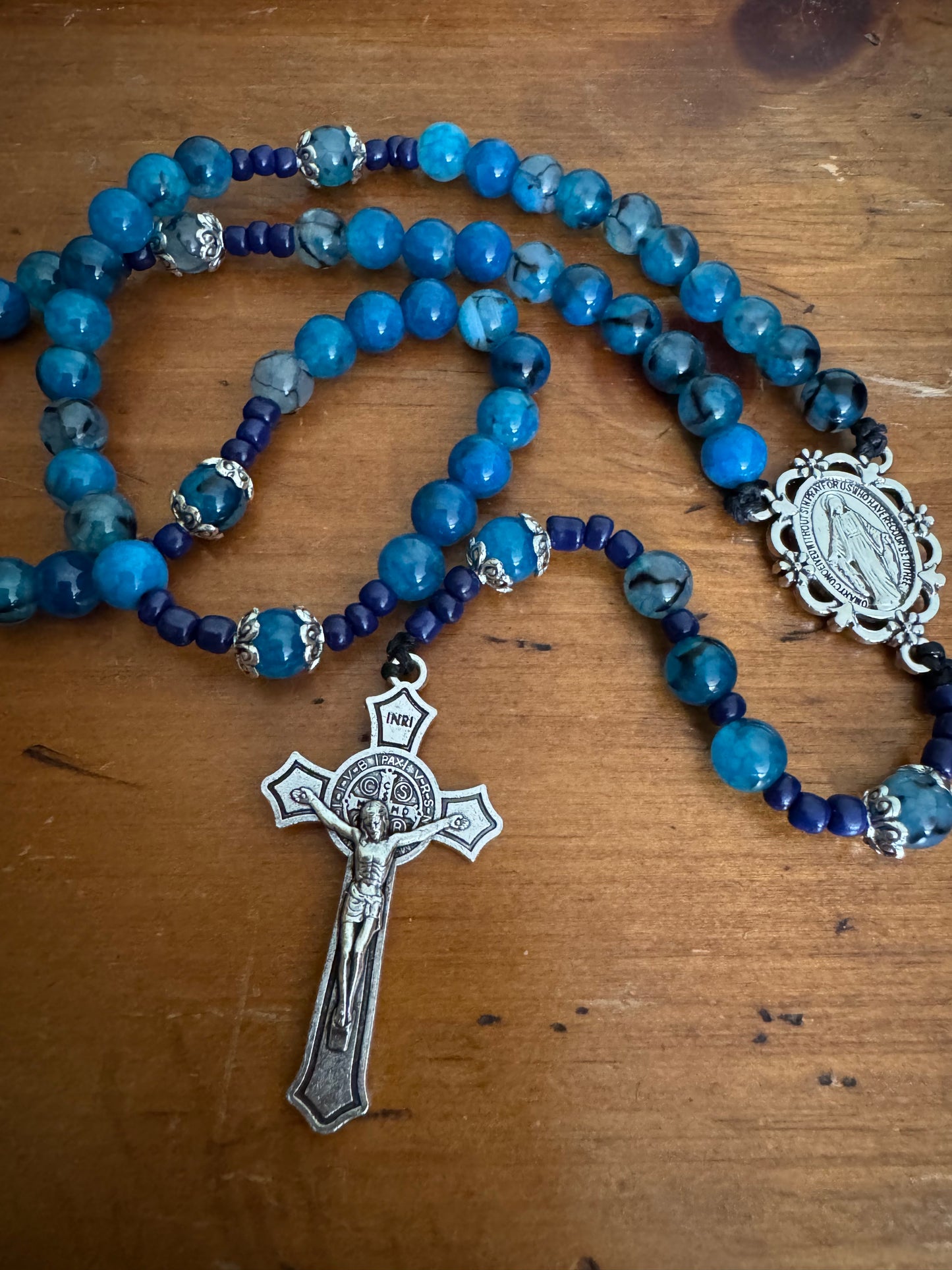 Handmade Blue Dragon Vein Agate Rosary