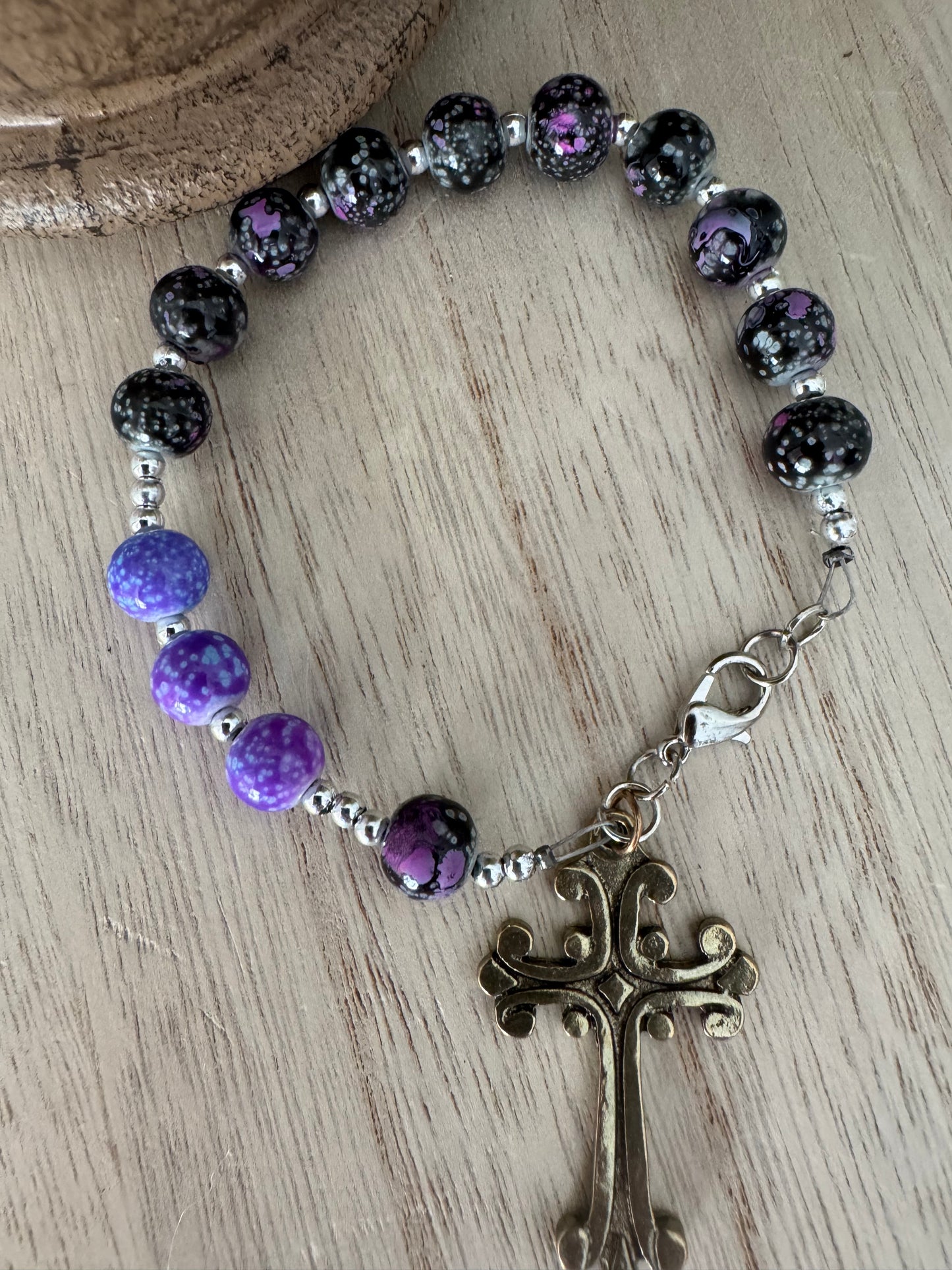 Handmade Purple Beaded Rosary Bracelet with Gold Cross – 7.5 Inches