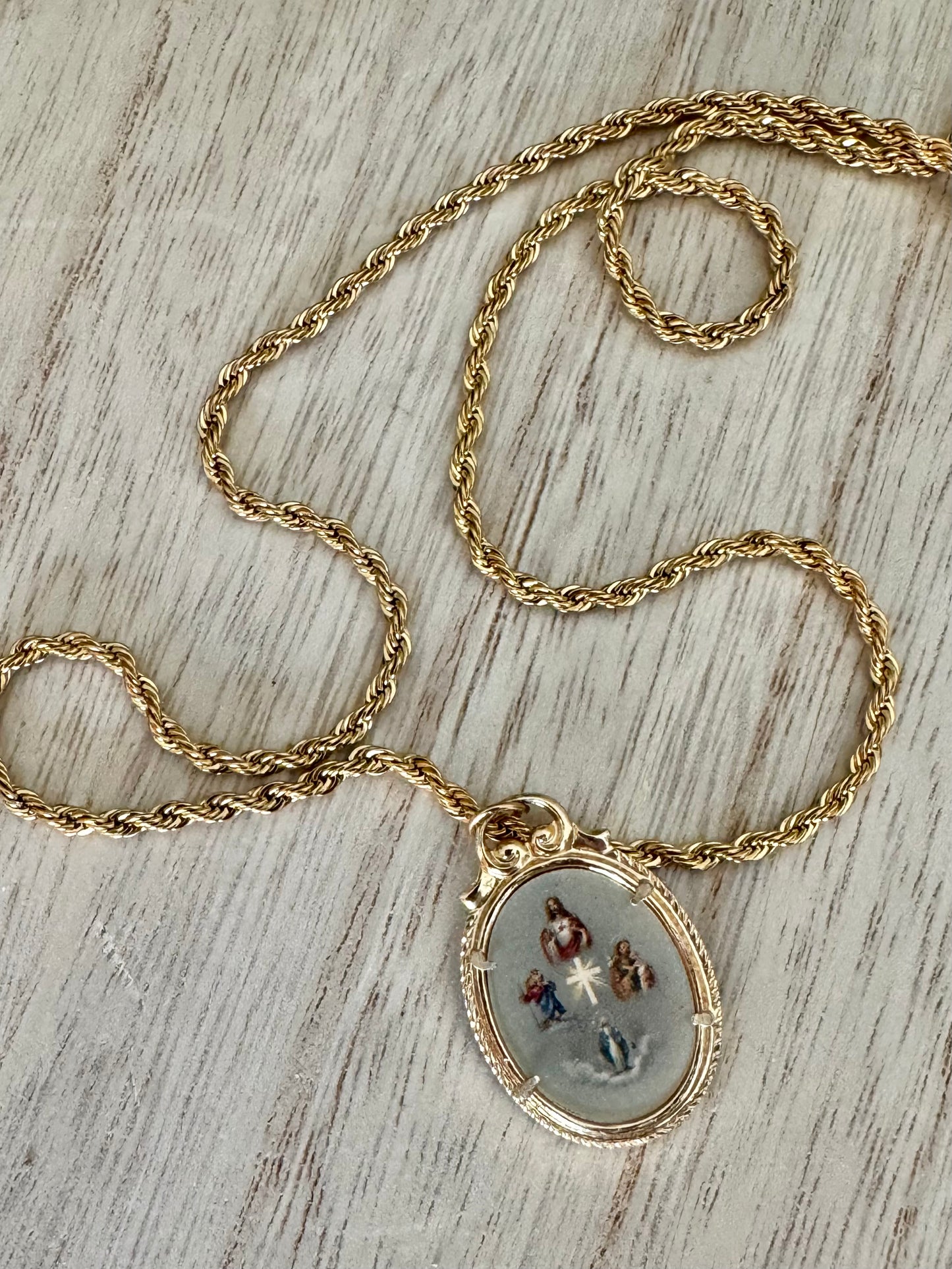 1950s Vintage Catholic Pendant – Sacred Heart of Jesus, St. Joseph & Immaculate Mary