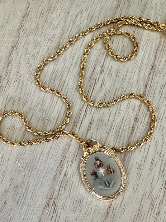 1950s Vintage Catholic Pendant – Sacred Heart of Jesus, St. Joseph & Immaculate Mary