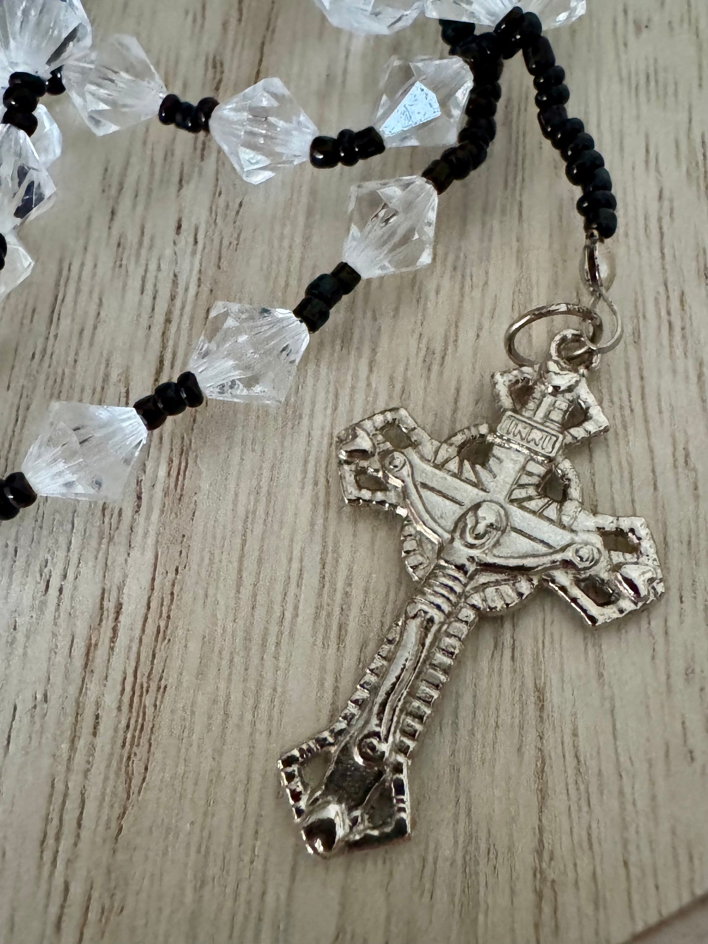 Handmade Black Seed Bead and Clear Crystal Rosary with Silver Accents