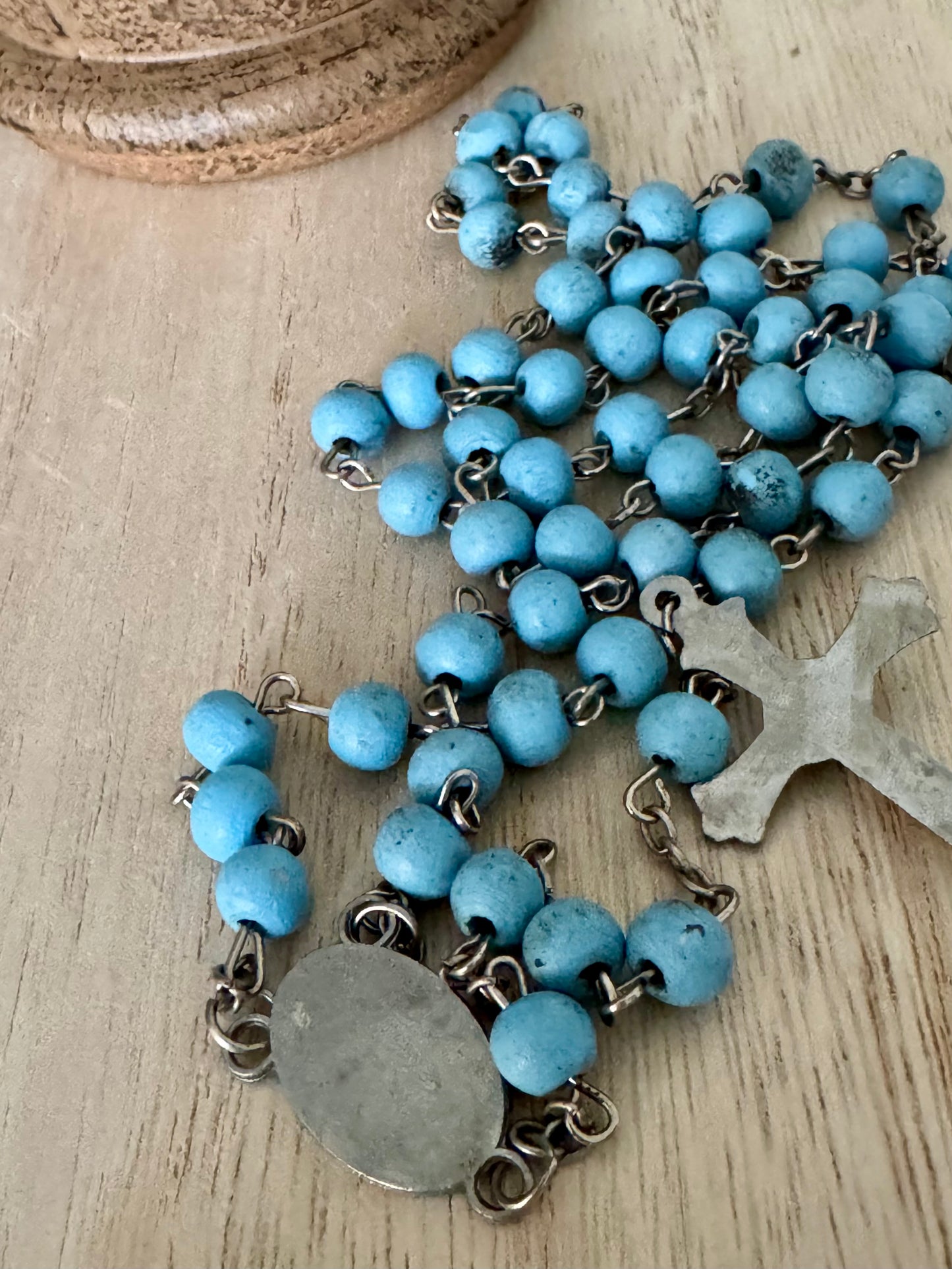 Vintage 1950s Baby Blue Wooden Bead Rosary – Baptism & Holy Spirit Centerpiece – 20 Inches