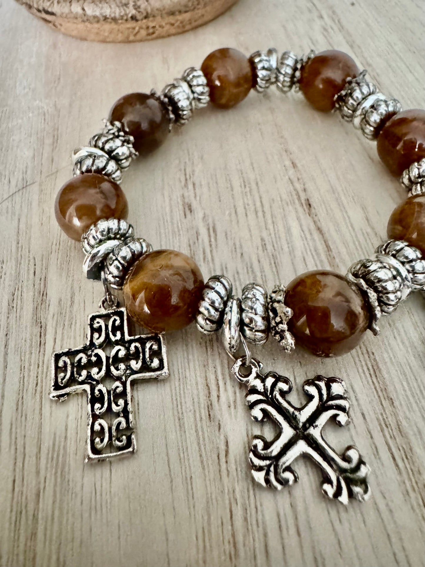 Auburn 10mm Beaded Stretch Bracelet with Silver Accents & Cross Charms