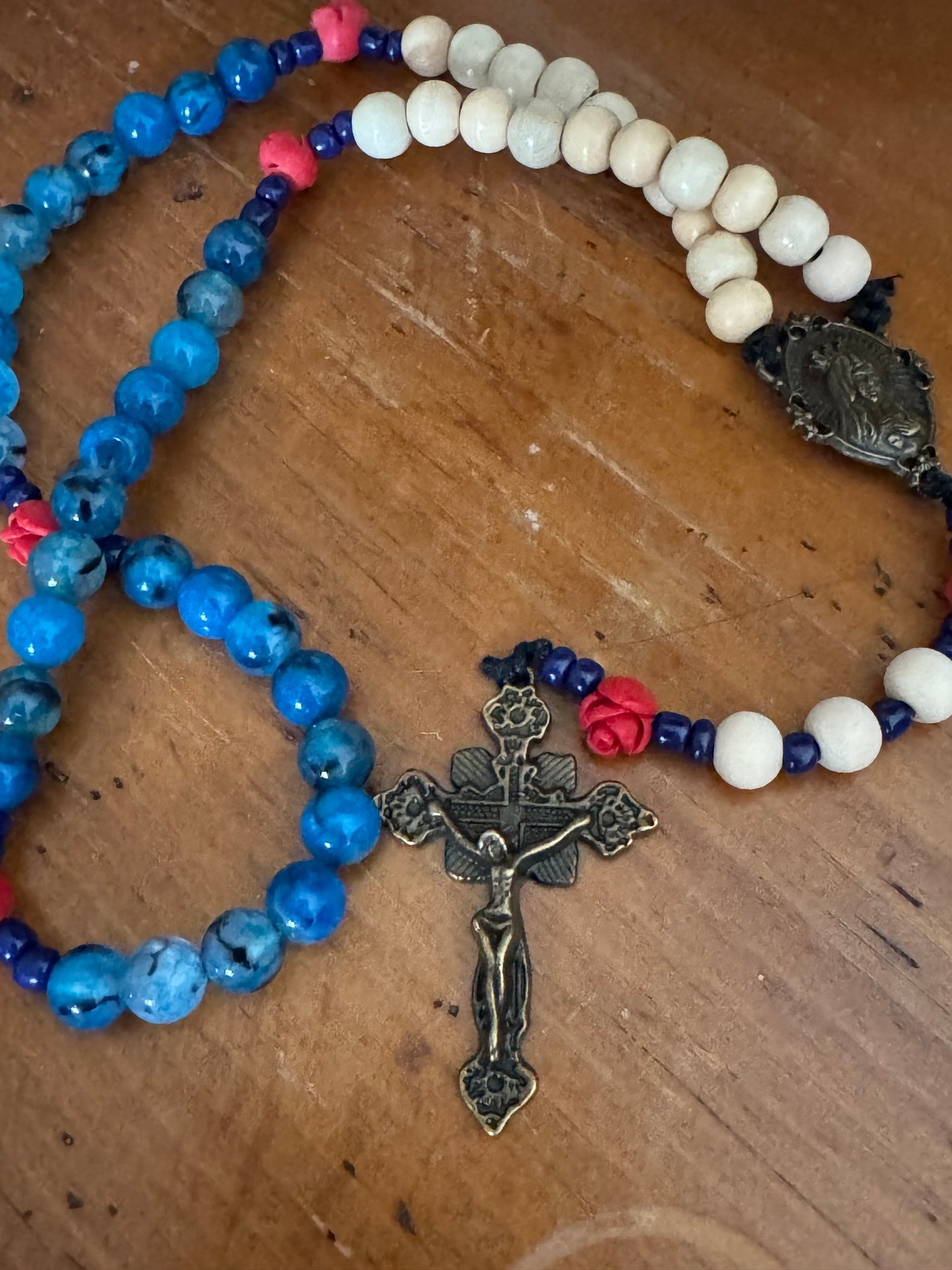 Handmade Blue Dragon Vein Agate & Natural Wood Rosary